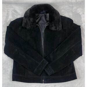 Sonoma 100% Suede Leather Faux Fur Collar Jacket coat womens Petite medium black